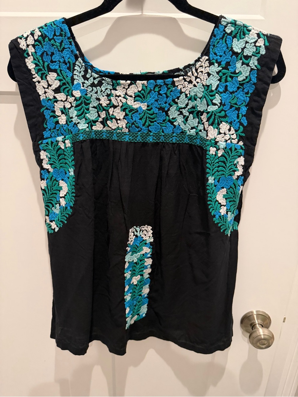 J Marie Embroidered Black Women's Peasant Top with Blue & White Floral Accents
